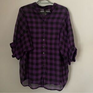 La Classe Couture Purple Gingham Print Sheer Top Size Medium